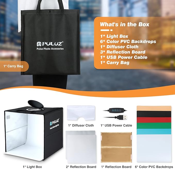 Photo Box, PULUZ Mini Folding Lightbox Portable Light Box Photography Shooting Tent Box Kit with 120pcs LED Lights 6 Colors Backdrops Photo Light Box for Phones DSLR Camera 12 x 12 inch