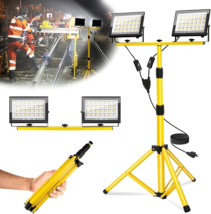 21000Lumen Work Lights with Stand, 2 Head LED Work Light with Adjustable and Foldable Tripod Stand, IP66 Waterproof Portable Work Light for Outdoor Workshop Garage Construction Site Job Site
