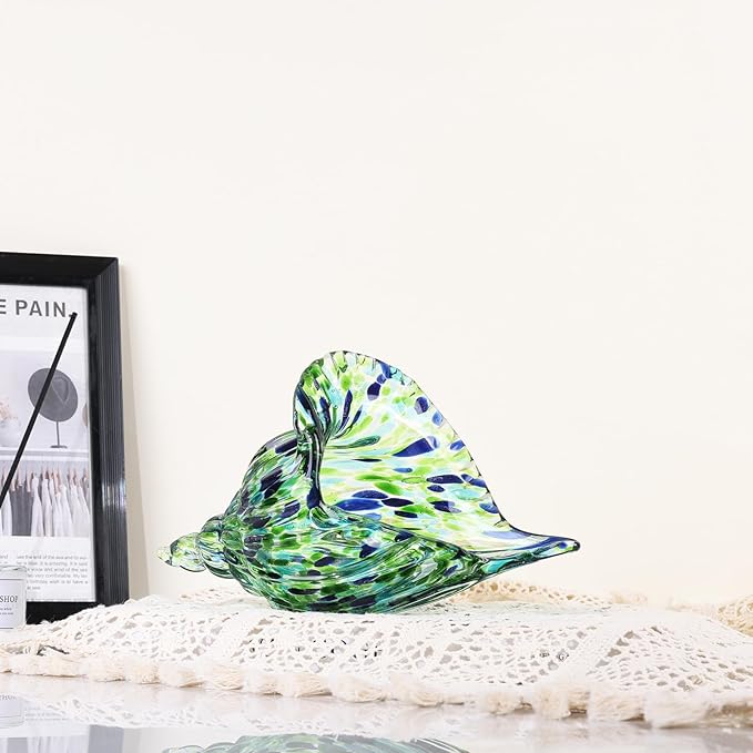 Hand-Blown Glass Conch Sculpture, Green sea Glass Art Shell Statue, Coastal-Themed Room Decor, Table Centerpiece and Cabinet-top Ornament, Creative sea Glass Conch Decoration and Display Piece.