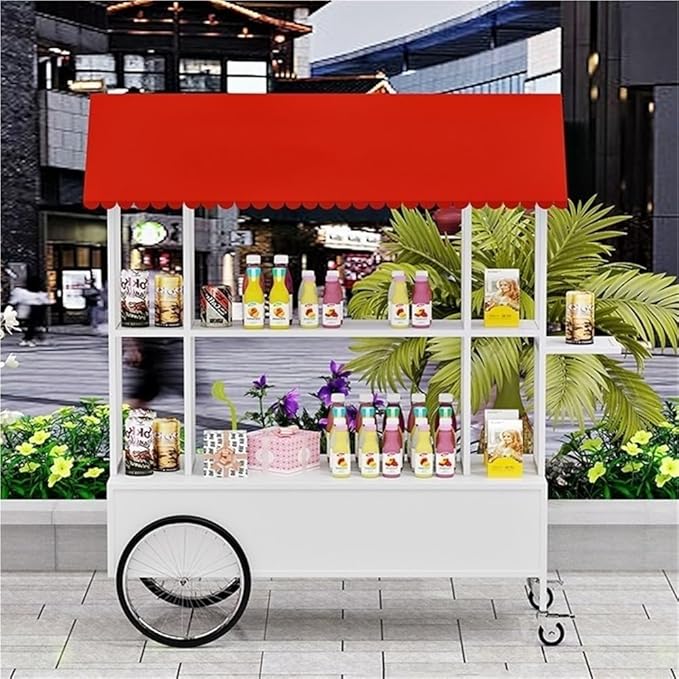 Portable Food Cart with Striped Canopy, Mobile Vendor Display Stand with Lockable Wheels, Iron Outdoor Cart for Market, Street Food or Events(White,55.1in)