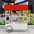 Portable Food Cart with Striped Canopy, Mobile Vendor Display Stand with Lockable Wheels, Iron Outdoor Cart for Market, Street Food or Events(White,47.2in)