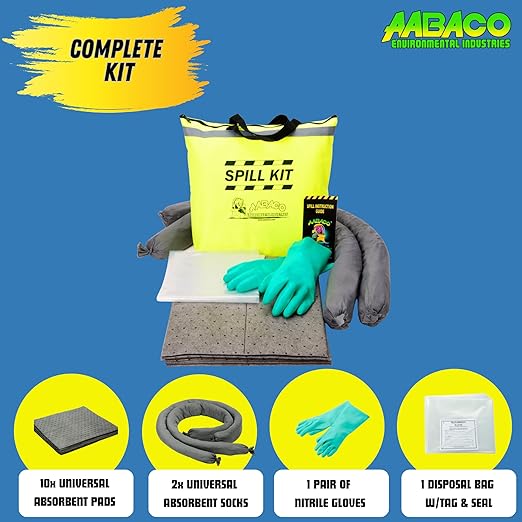 AABACO Universal Spill Kit for Oil & Chemical Spills, Portable High-Visibility Yellow Tote, Absorbent Pads & Socks for Trucks, Garages, Workshops & Emergency Spill Response