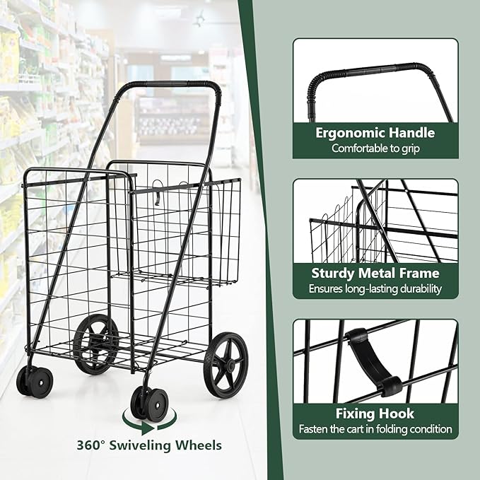 HOMGX Flat Folding Shopping Cart, 130 LBS Heavy Duty Utility Cart W/ 360° Swivel Front Wheels, 24" x 23" x 40" Foldable Grocery Cart for Laundry, Shopping, Groceries