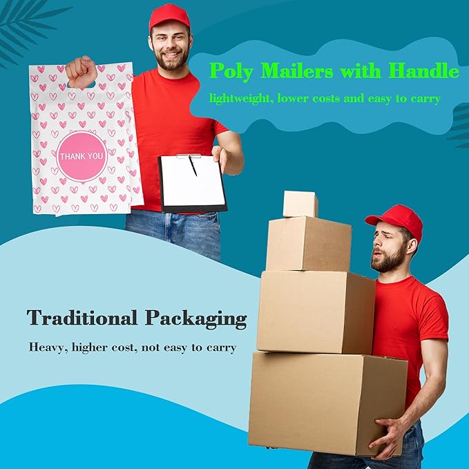 JinRuiKJ Poly Mailers with Handle 10x13 Inch 25 Pcs, Easy to Carry Packaging Bags for Small Business, Thank You Shipping Bags with Self Adhesive Strip, Tearproof and Waterproof - Pink heart