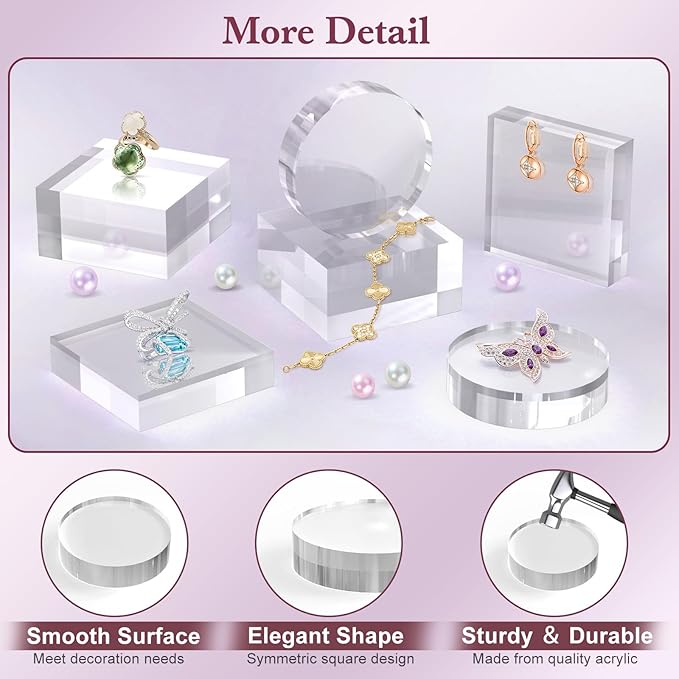Acrylic Base Stand 4 Pieces Acrylic Blocks for Display 4 X 4 X 1 Inch Clear Polished Block Round Cube Riser Display Pedestal Stands for Jewelry Perfume Ring Collection Props Cake