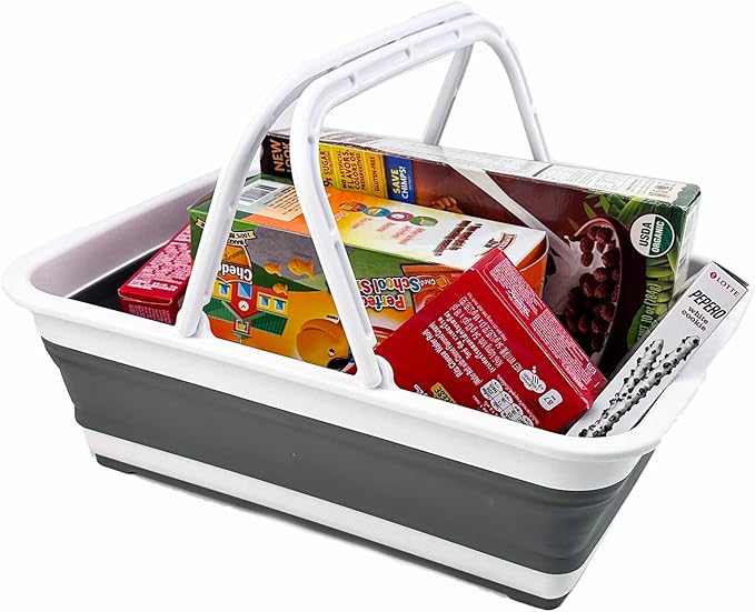 SAMMART Collapsible Basket with Handle 8L (2.1 Gallon) - Portable Outdoor Picnic Basket/Crate - Foldable Basin for Washing Dishes,Camping,Hiking (White/Steel Grey (Set of 2))
