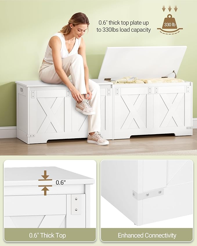 59" Storage Chest, Large Storage Trunk with 2 Hinges, Farmhouse Wooden Box Bench, Lift-Top Organizer Chest, Entryway Trunk for Bedroom, Living Room, White SB15003X