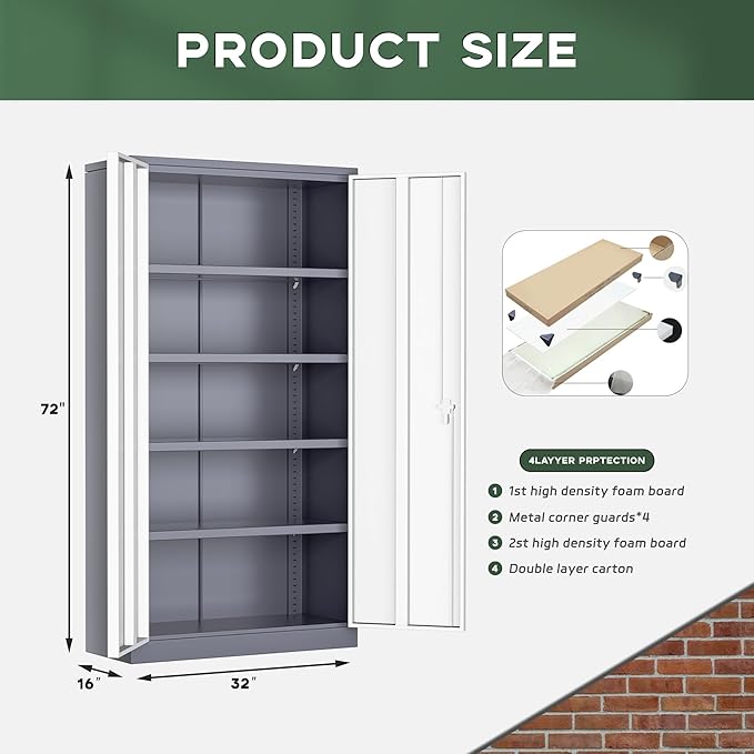 Greenvelly Metal Storage Cabinet, 72" Locking Metal Garage Storage Cabinet with Doors and 4 Adjustable Shelves, Lockable Steel Cabinet for Home Office, Garage, Shop, School (White Grey 32" W x 16" D)