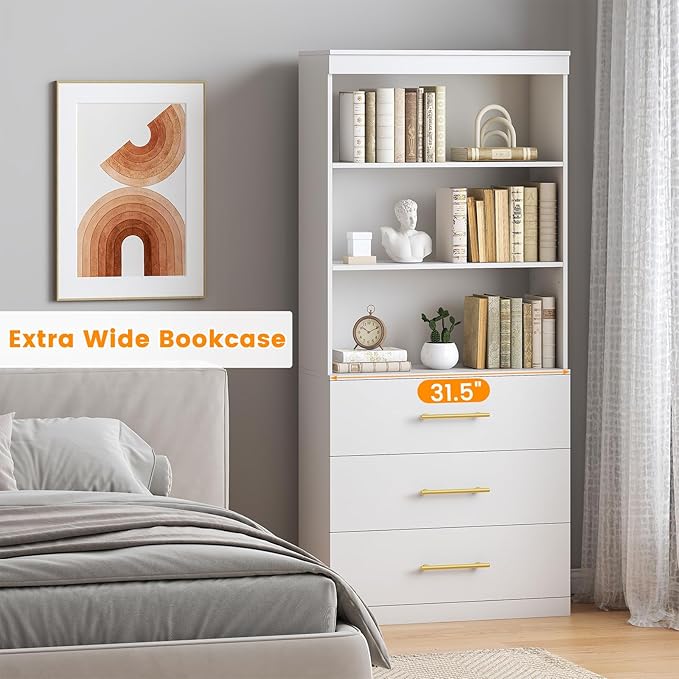 Winkalon 71" Tall White Bookshelf with Drawers, Bookcase and Bookshelf with 3-Tier Open Shelves, Tall Bookcase Tall Storage Cabinet for Home Office Living Room, 15.8" D x 31.5" W x 71" H