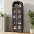 71” Tall Arched Pantry Cabinet with Glass Door, Display Cabinet Organizer, Versatile Pantry with Top-Opening Storage Container for Living, Kitchen Dining Room, Black