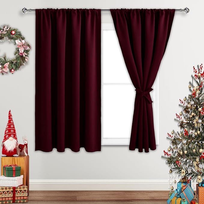 JIUZHEN Christmas Blackout Curtains for Bedroom - Thermal Insulated Room Darkening Noise Reducing, 52 x 54 Inch Length Curtains for Living Room, Set of 2 Panels with Tiebacks, Burgundy