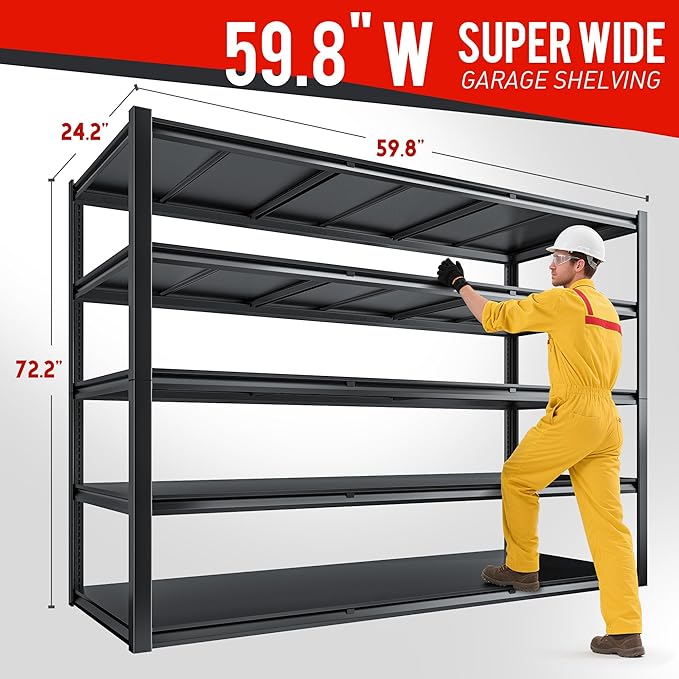72.2" H Garage Shelving 3000LBS Metal Shelving Unit Adjustable Garage Storage Shelves 5 Tier Heavy Duty Storage Rack for Pantry, Warehouse, Industries, 59.8" W x 72.2" H x 24.2" D