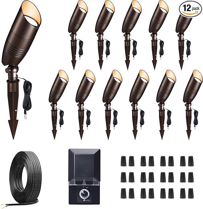 12v Landscape Lighting Kit, with 12 Pack 3CCT Spotlights and 200W Transformer and 250FT Cable and 40 Wire Connectors, Aluminum ORB Ip65 Waterproof Tree Light for Home Patio Plant