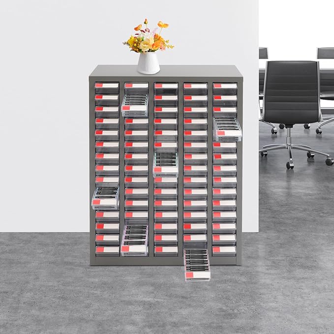 75 Drawer Parts Cabinet,Metal Tool Cabinet with Each Drawer 5.5 Lbs Load ,Bolt and Nut Tool Storage Box with Hooks , Material Cabinet for Hardware Stores, Warehouses, Car Repair Shops(Grey & Clear)
