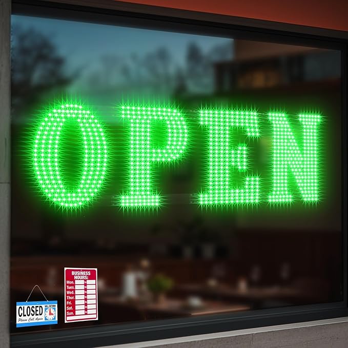 41"x15" Large LED Open Signs for Business Super Bright Unique Design Open Sign with Hanging Installation for Window Stores Bar Hotel Retail Shops Salon Restaurant Office Green