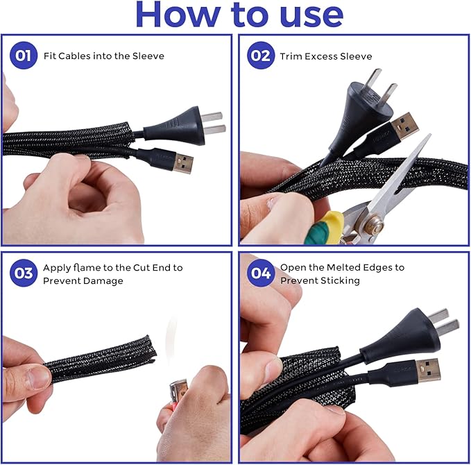 Cable Management Sleeves 1in - 2 Pack 4.1ft Split Braided Cable Sleeve White, Hard PE Cord Protectors from Pets, Wire Organizers for Cords, Flexible Cord Wrap Wire Sleeve for Computer Cord Organizer