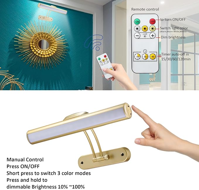 MIOBLUE Rechargeable Picture Light with Remote, Wireless Battery Art Display Light with Remote Control, Dimmable/Timer Off Painting Light, 3 Lighting Modes Full Metal Dartboard Lights (Gold-1Pack)