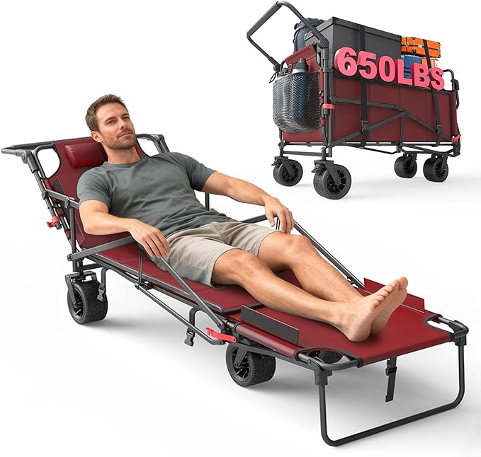 LEVELEVE Heavy Duty Folding Wagon - 2-in-1 Collapsible Cart, 650lb Capacity, All-Terrain Wheels w/Brakes & Side Pockets (Red)