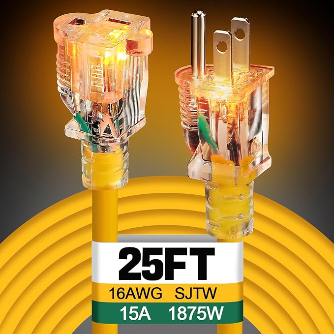 Lighted End Heavy Duty Outdoor Extension Cord Waterproof -16AWG, 3 Prong, 15A, 1875W, Flexible Yellow Power Extension Cord for Outsides, 25ft