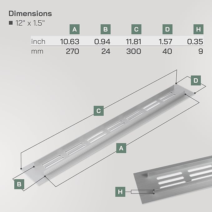 Vent Systems 11.81 x 1.57 (Outer Size) Rectangular Door Vent - Silver Aluminum Vent Cover, Toe Kick Vent Cover - HVAC for Home Improvement Cabinet Vent - Intake/Exhaust Door Return Air Vent
