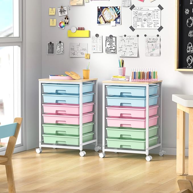 Rolling Cart with Drawers,Utility Cart with 6 Drawers,Rolling Storage Cart with Drawers and Wooden Tabletop & Lockable Wheel,Colorful