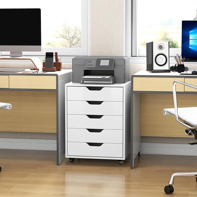 File Cabinet, Mobile Filing Cabinet w/Universal Wheels & 5 Drawers, Wood Printer Stand with Storage, Rolling File Cabinets for Home Office, Living Room, Bedroom (White, 5 Drawers)