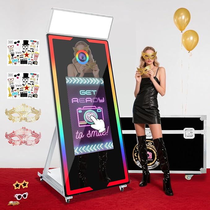 Magic Mirror Photo Booth 65" with 32" Touch Screen Selfie Mirror Photo Booth Machine with Flight Case Remote Control Ring Light for Event Rental Wedding Party (65-32in White)