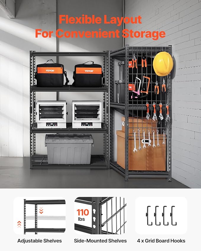 VEVOR Storage Shelves, 2400 lbs, 4 Tier Heavy Duty Garage Shelving, 20" D x 40" W x 60" H Adjustable Metal Shelves for Industrial Shelving Unit Utility Shelf, for Kitchen, Warehouse, Basement, Black