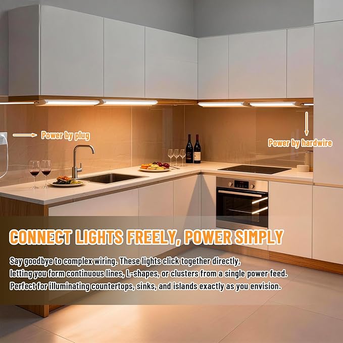 4 Pack 12" Under Cabinet Lighting for Kitchen, 8W 600LM, 3 Color Temperatures (3000K/4000K/5000K), Hardwired or Plug-in, 45° Rotatable Design, Linkable Up to 15 Units, YT-4208-10-4