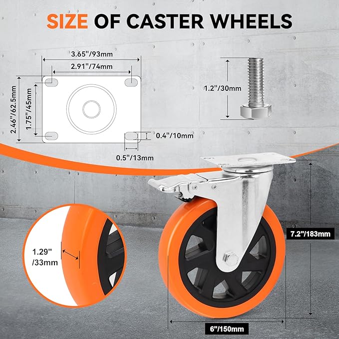 W B D WEIBIDA 6 inch Caster Wheels with Dual Locking, Casters Set of 4 Heavy Duty of 2400lbs, Premium Polyurethane No Noise Wheels for Cart, Workbench and Furniture