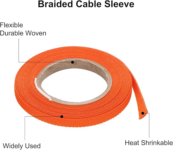 MECCANIXITY Braided Cable Sleeves Heat Shrinkable Fabric Sleeving, 1/4" 16ft Orange 2:1 Ratio Heat Shrinkable Cord Protector for Harness Cable, Network Cable Protection, Cable Management