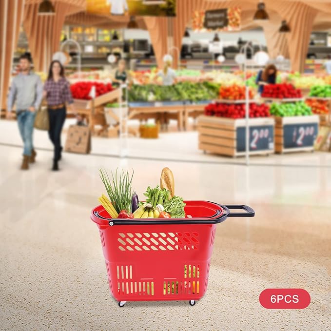 6PCS 35L Rolling Shopping Baskets with Wheels Portable Grocery Basket Set with Handles Plastic Shopping Cart for Supermarkets, Retail Stores, Bookstores (Red)
