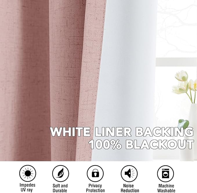 H.VERSAILTEX Linen Curtains 100% Blackout Curtains for Bedroom 84 inch Long Full Light Blocking Nature Linen Blended Window Curtains for Living Room Nickel Grommet (2 Panels, Heathered Baby Pink)