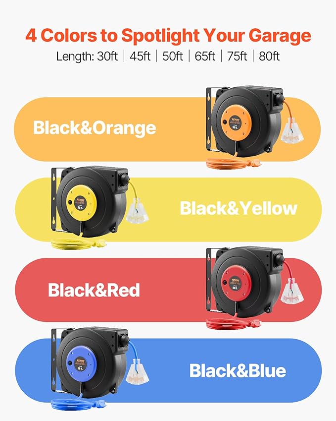 VEVOR Retractable Extension Cord Reel, 45 FT, Heavy Duty 12AWG/3C SJTOW Power Cord, with Lighted Triple Tap Outlet, 15 Amp Circuit Breaker, 180° Swivel Bracket for Ceiling or Wall Mount