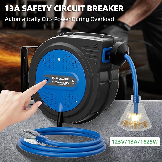 80FT Retractable Extension Cord Reel, 14 AWG/3C SJTOW Heavy Duty Power Cord with Lighted Triple Outlet, 13A Circuit Breaker, 180° Swivel Wall/Ceiling Mount Retractable Cord Reel, ETL Listed, Blue