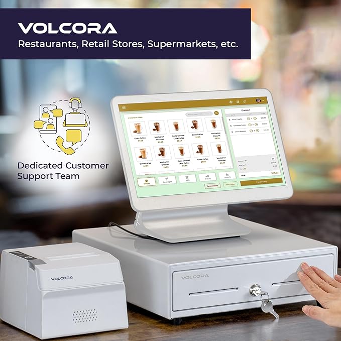 Volcora 13" Manual Push Open Cash Register Drawer for Point of Sale (POS) System, White Heavy Duty Till with 4 Bills and 5 Coin Slots, Key Lock with Removable Coin Tray and Double Media Slots
