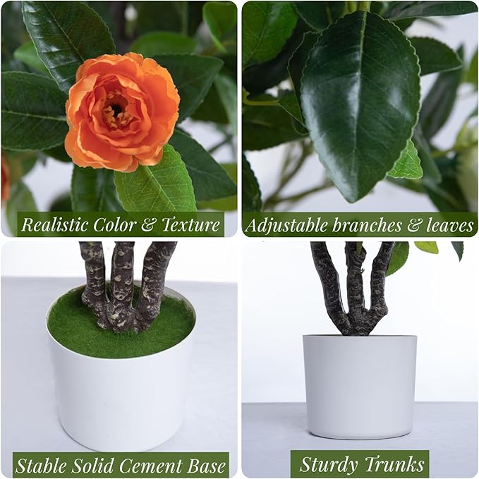 Artificial Camellia Tree 35in Faux Floral Plant with Red Flowers and Green Leaves - No Maintenance Indoor Outdoor Office Home Porch Decor Housewarming Gift(2 Pack - RED)