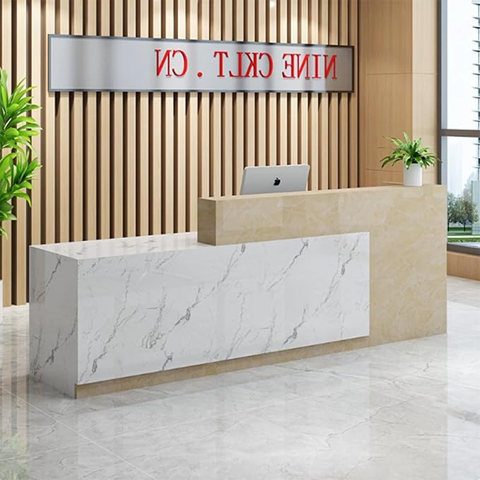 Wood Reception Desk Marble Stone with Checkout Retail Counter L Shaped Modern Mostrador para Negocio Office Desk Closed Front with Storage Drawers for Barber,Salon,Clothing Store
