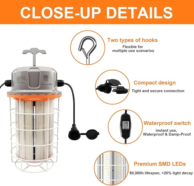 400W Construction Light, 56000lm LED Temporary Work Light, 5000K Daylight White, IP65 Waterproof Dustproof, Portable Hanging Lighting for Jobsite Workshop High Bay and Damp Locations