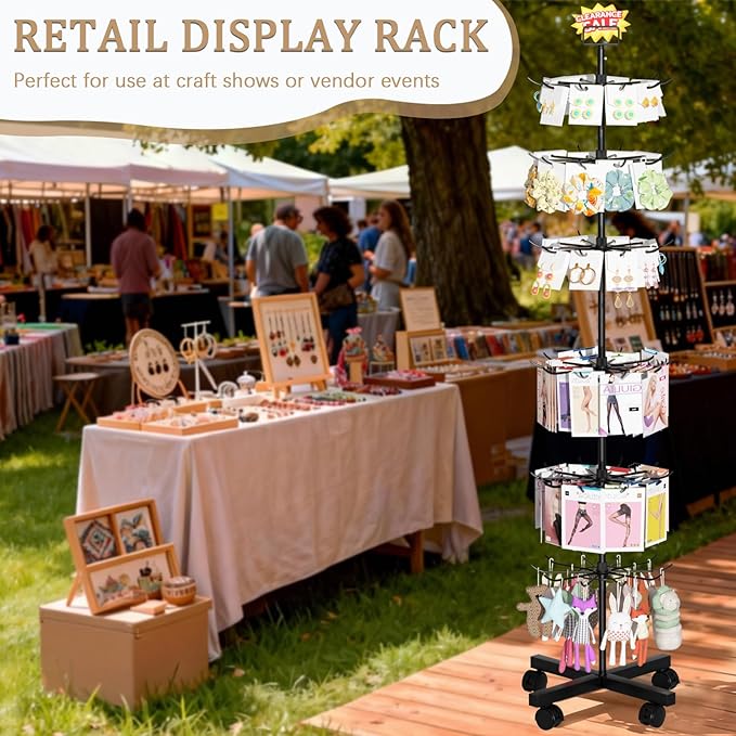 Retail Display Stand Store Display Rack 6 Tier Metal Spinning Display Stand Rack with Wheels Keychain Jewelry Stocking Hat Stand with Hooks for Malls, Showroom, Retail Store (6 Tier Black)