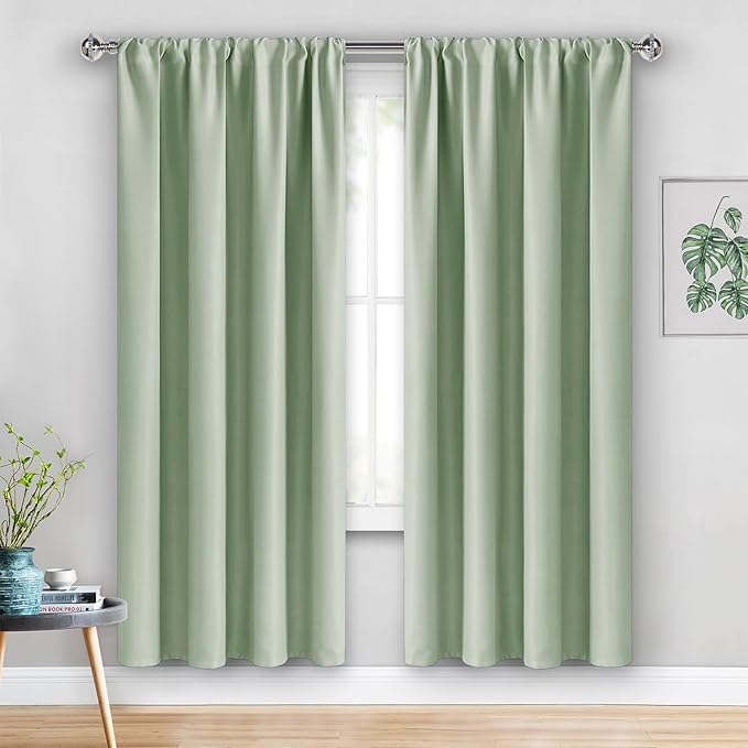 JIUZHEN Blackout Curtains for Bedroom– Thermal Insulated,Noise Reducing Room Darkening Rod Pocket Curtains for Living Room, Set of 2 Panels with Tiebacks, 42 x 72 inch Long, Light Green