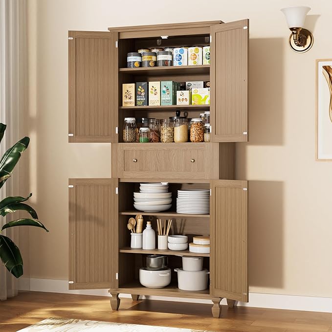 72 inch Kitchen Pantry Storage Cabinet, Freestanding Pantry Cabinet, Tall Cabinets with Doors and Shelves,Freestanding Cupboard with Adjustable Shelves for Dining Room，Natural