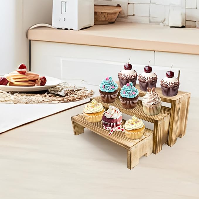 12Pcs Display Riser Wood Risers Cupcake Stand 3 Tier Racks Decorative Rectangular, 4 Set Cologne Perfume Organizer Dessert Stands for Vendors Event