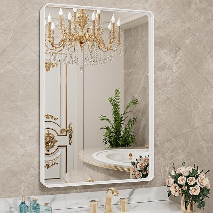 LOAAO 28x36 Inch White Metal Framed Bathroom Mirror for Wall, White Bathroom Vanity Mirror Farmhouse, Large Rounded Rectangle Mirror, Anti-Rust, Hangs Horizontally or Vertically