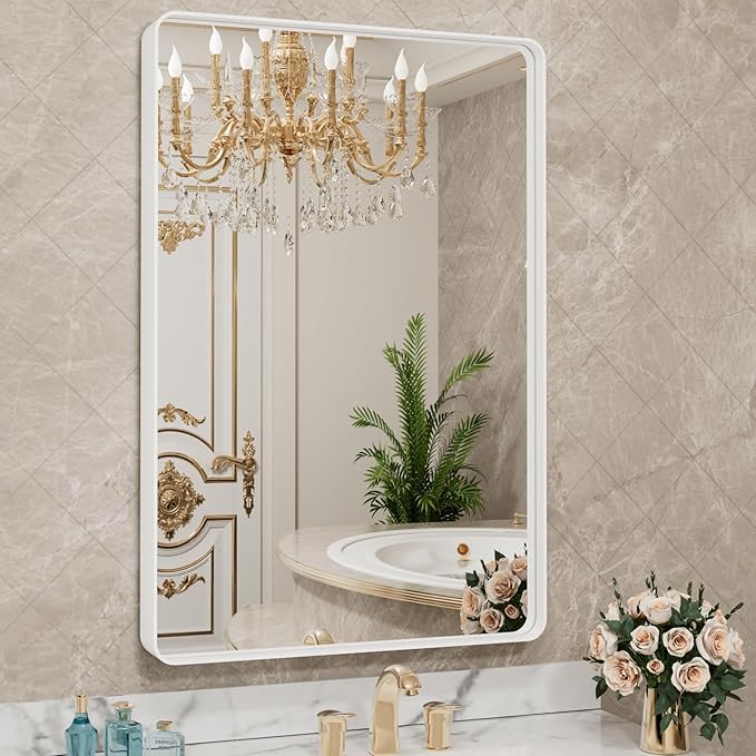 LOAAO 24x36 Inch White Metal Framed Bathroom Mirror for Wall, White Bathroom Vanity Mirror Farmhouse, Large Rounded Rectangle Mirror, Anti-Rust, Hangs Horizontally or Vertically