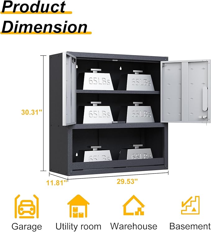 Wall Mounted Cabinet with Locking Doors, Open Shelf, Metal Hanging Garage Storage Cabinet, Adjustable Floating Upper Tool Cabinets for Shop, Kitchen, Bathroom (Grey, 30''W x 12''D x 30''H)