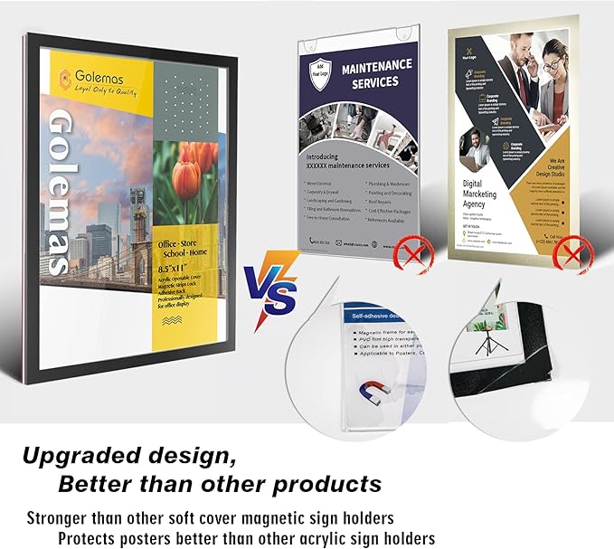 Acrylic Magnetic Sign Holder, Easy-Opening 8.5 x 11 Wall Mount Display Frames, Self Adhesive Back Plastic Clear Document Frame, Horizontal & Vertical Display (Black, 6Pack)