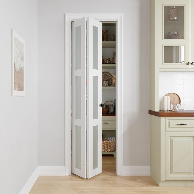 Bifold Doors for 24" x 80-3/4" Opening, 3-lite Tempered Frosted Glass Closet Folding Doors with Hardware kit Included, Easy Assembly, White