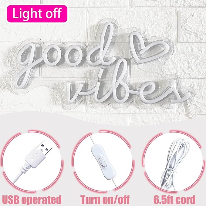 Good Vibes Neon Sign for Wall Decor Neon Lights Sign, 16"x8" Heart and Good Vibes LED Signs for Bedroom Wall, USB Operated Pink Goodvibes LED Neon Lights Signs for Game Room Christmas Decor