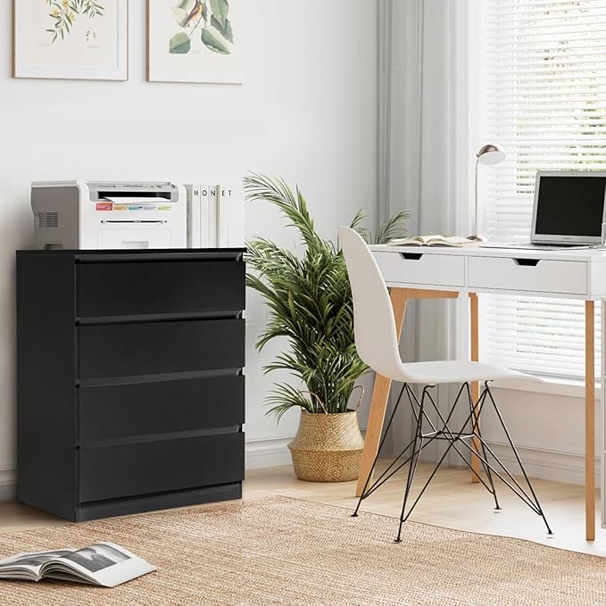Dresser for Bedroom, Modern Wood Dresser Chest of Drawers, No Handle Storage Cabinet for Girls, Anti-Tipping Device, Living Room, Home Office, Hallway Organizer (Black, 4 Drawers)